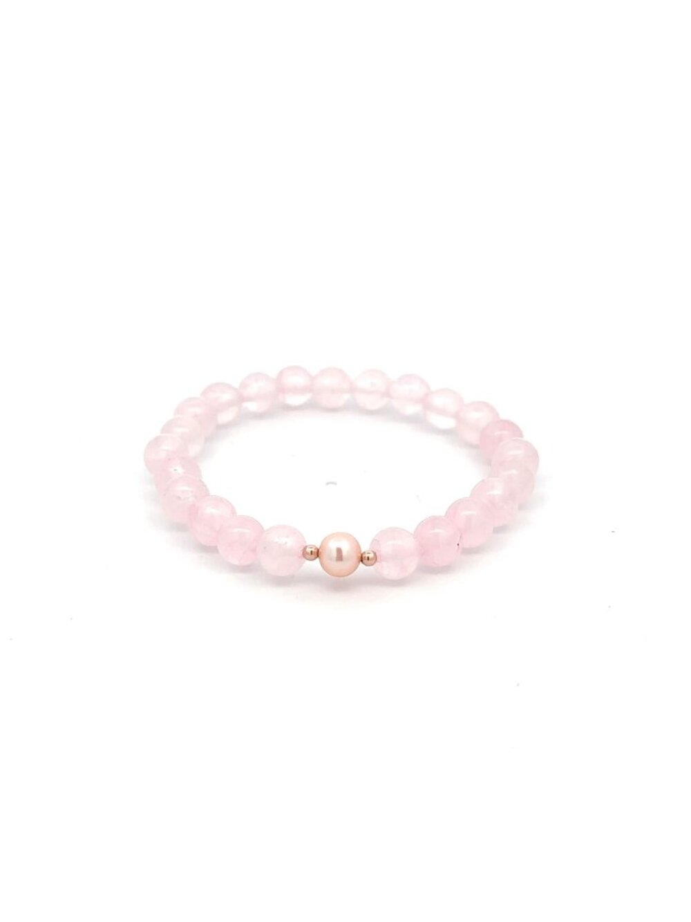 14K Solid Gold Tiny Beads Freshwater Pearl Rose Quartz Stretch Gemstone Bracelet